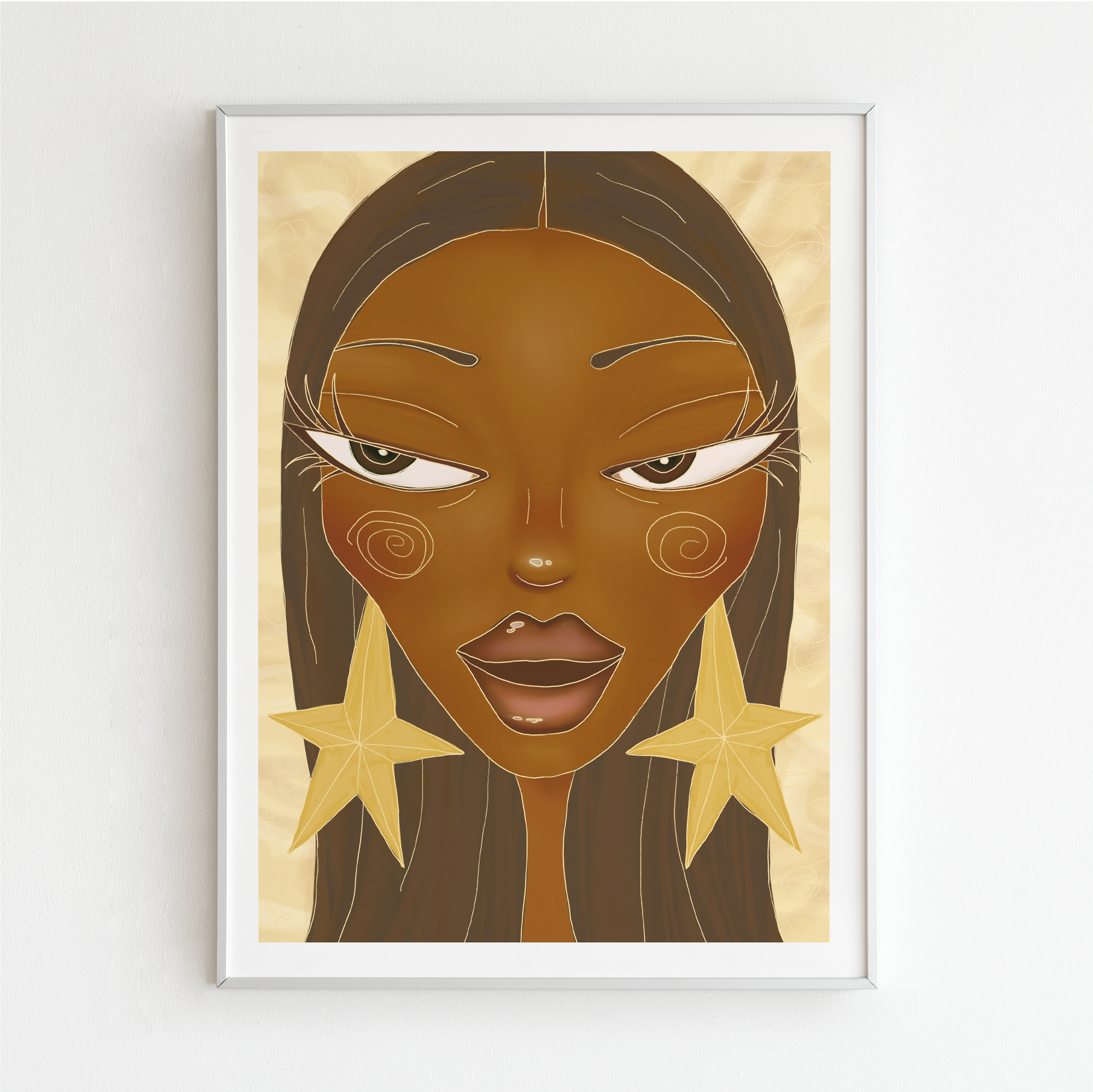 Framed artwork of a woman's face with star earrings on a beige background