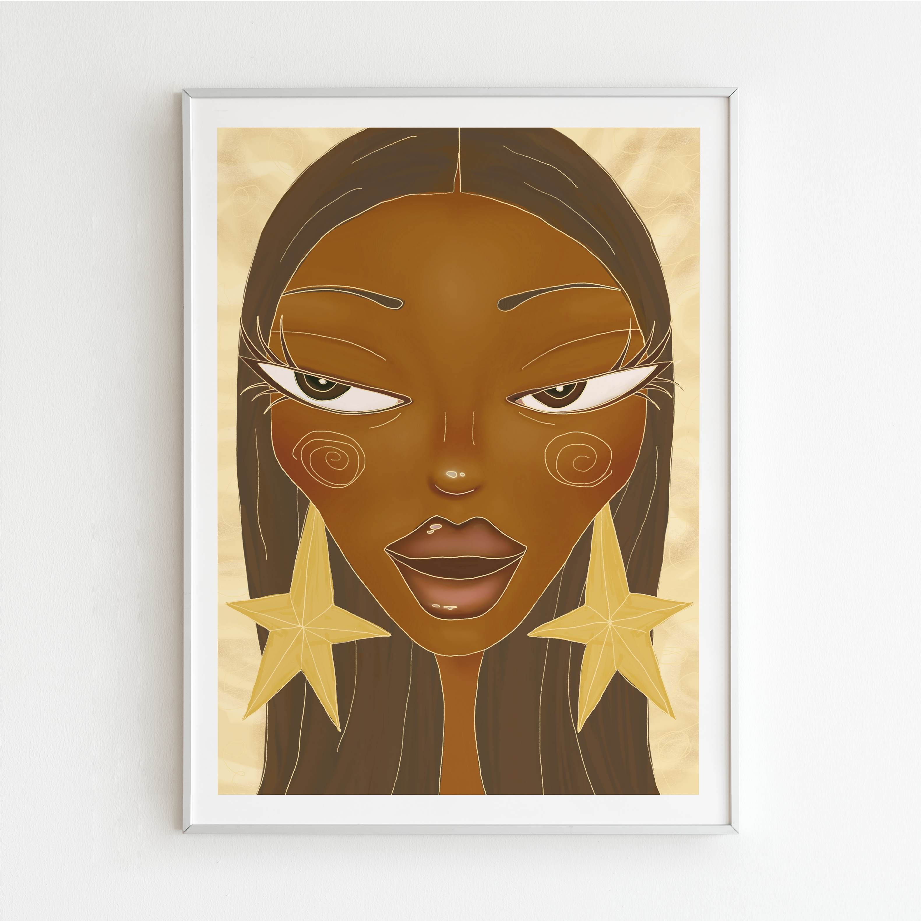 Framed artwork of a woman's face with star earrings on a beige background